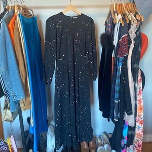 zodiac print sheet maxi dress with slit NWT